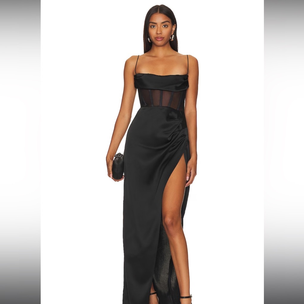 Nookie Black Sheer Corset Satin Gown with High Slit